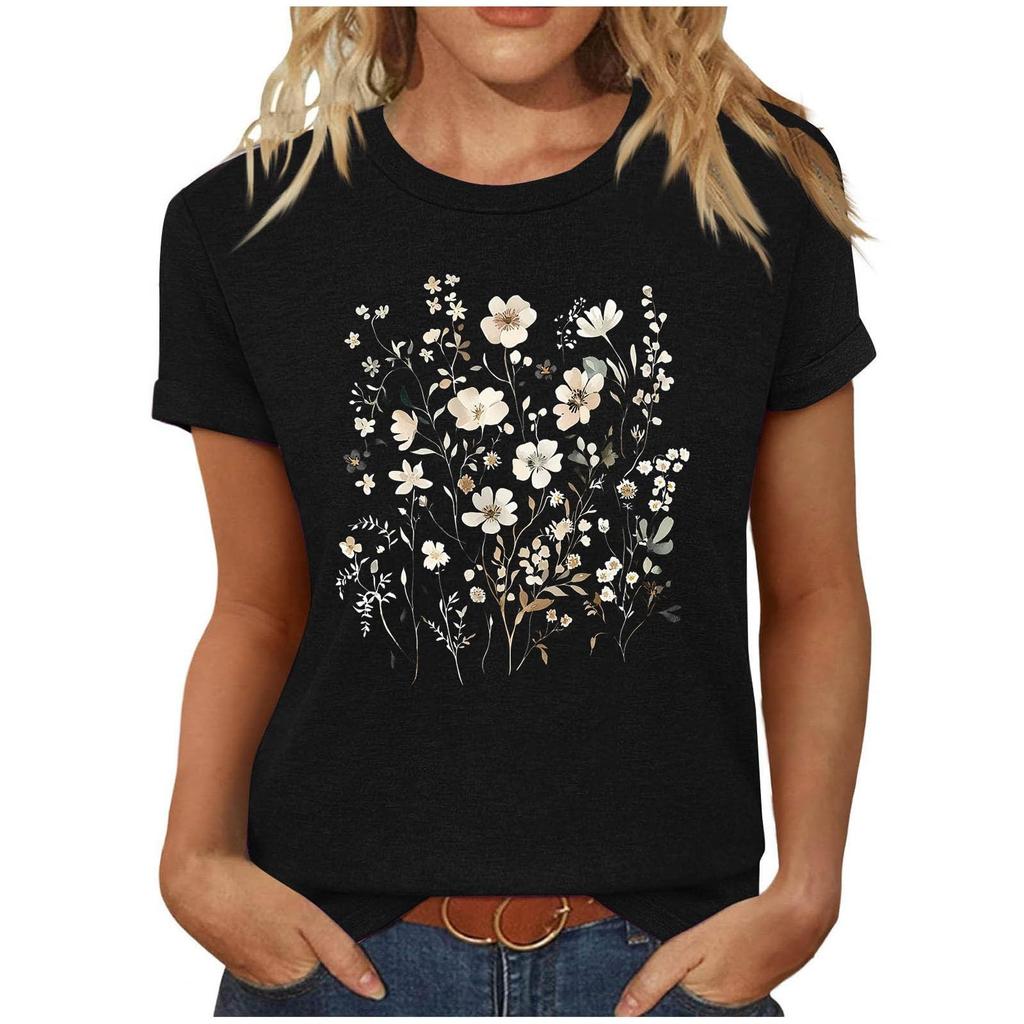 T-shirt Décontracté à Manches Courtes et Col Rond pour Femmes avec Imprimé Floral