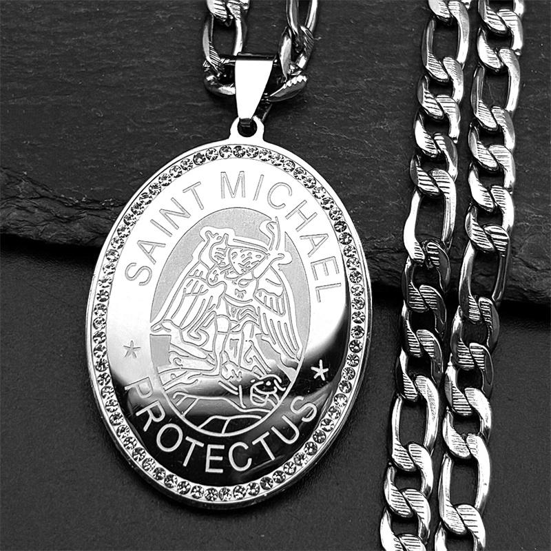SAINT MICHAEL PROTECT US Archangel Men Crystal Medal Necklace Stainless Steel Gold Color Christain Religious Necklaces Jewelry