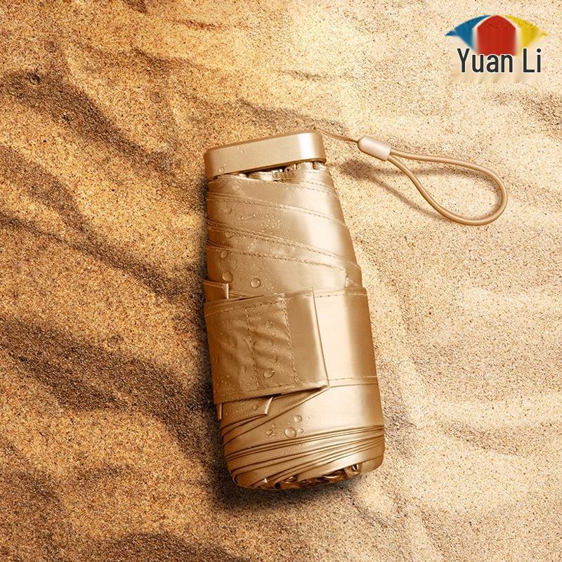 Compact Gold Umbrella: Ultra-light 6-Rib Folding Dual-use for Sun and Rain Protection