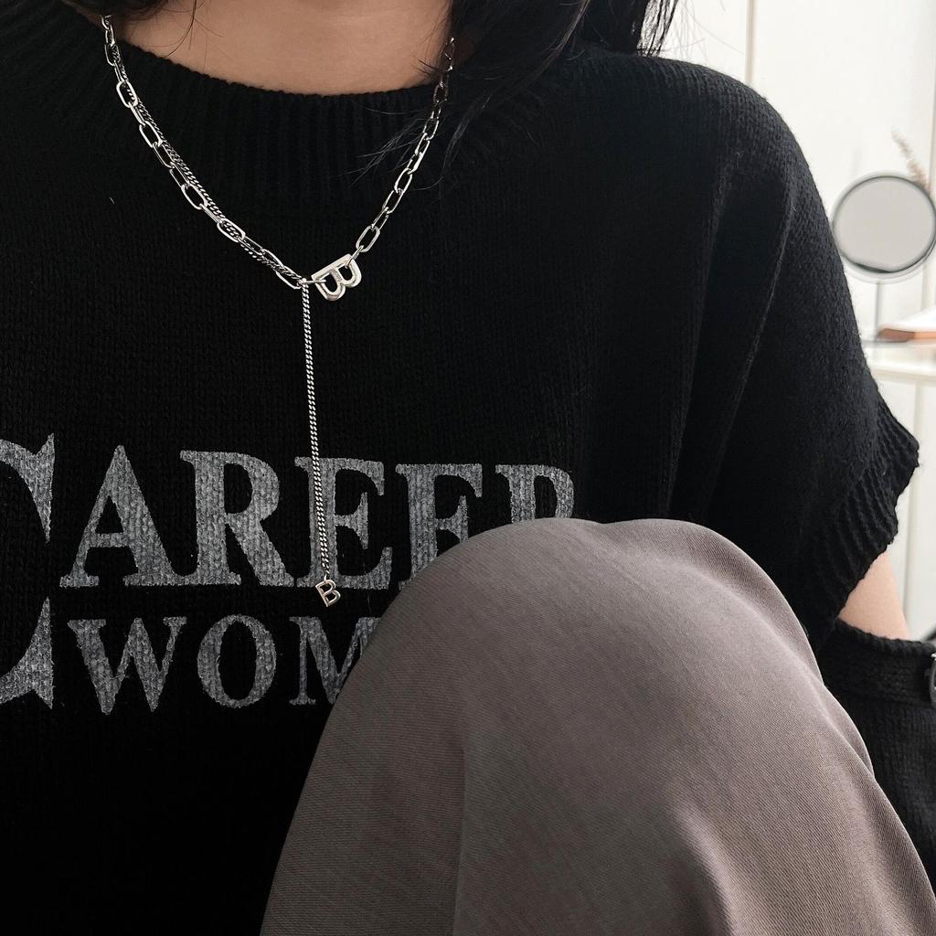 Yinruitai 925 Sterling Silver 'B' Vintage Thai Necklace with Tassel Clavicle Chain - Women's Versatile and Stylish Accessory