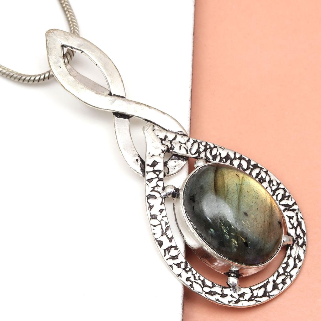Pendant Silver  Peridot Labradorite Gemstone Jewelry Sterling 2.5" Fiery