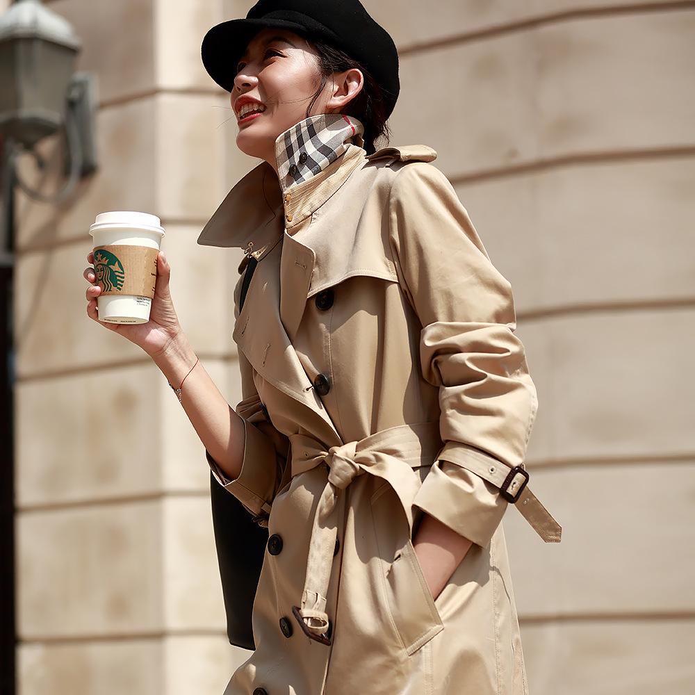 Spring new popular trench coat women s plaid splicing khaki British style casual medium and long S