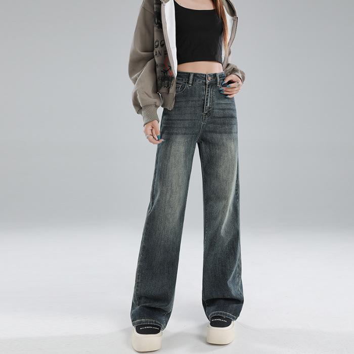 Women's High Waist Straight Leg Jeans Slim Wide Leg Denim Pants Elegant Solid Thick Denim Trousers