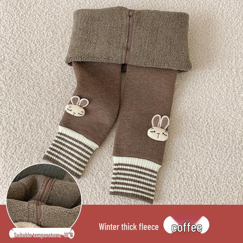 Girls' Velvet-Lined Fleece Leggings - Medium-Thick, Striped Rabbit Design for Winter