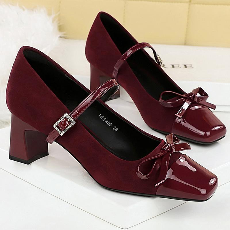 New leopard print Women Pumps bowknot Mary Jane shoes Square Suede Thick Heel Ladies shoes Rhinestone buckle Women heels 5 CM