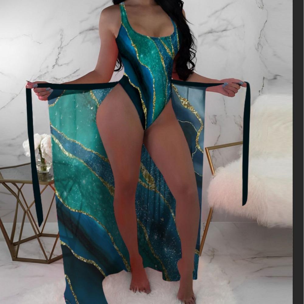 European and American Swimsuit Women's Three-piece Mesh Blouse Contrasting Color Printing Bikini