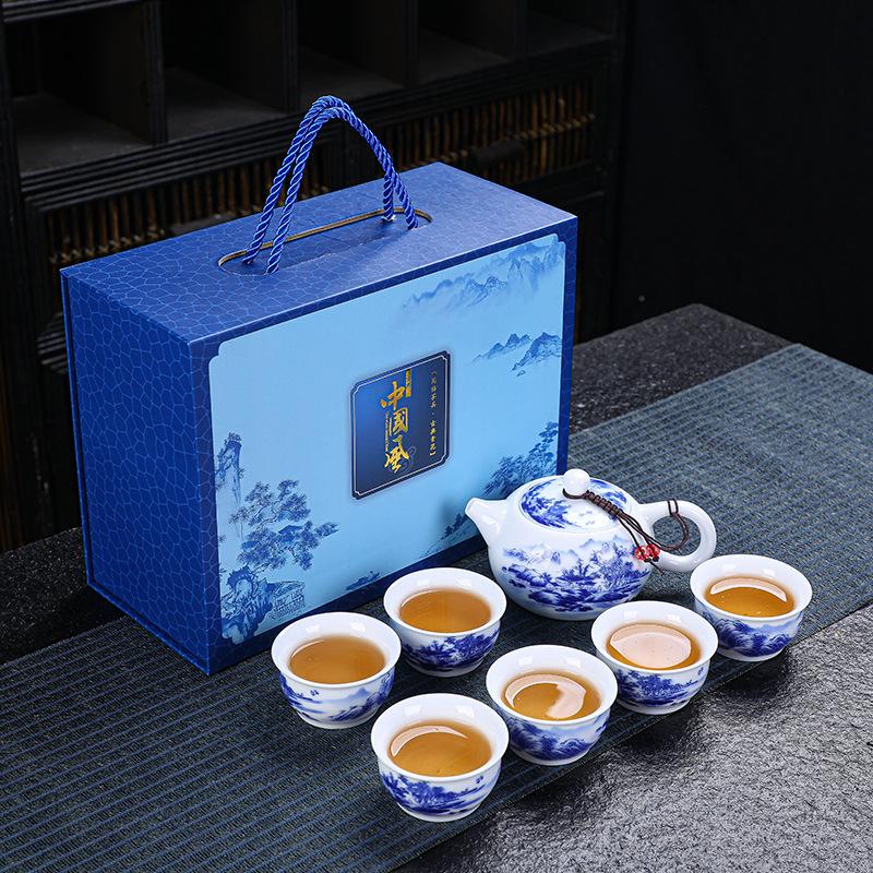 

Blue White Porcelain Hand-painted Landscape Tea Set with Sheep Fat Jade Ceramic Three-talent Covered Bowl and Teapot Gift Bo