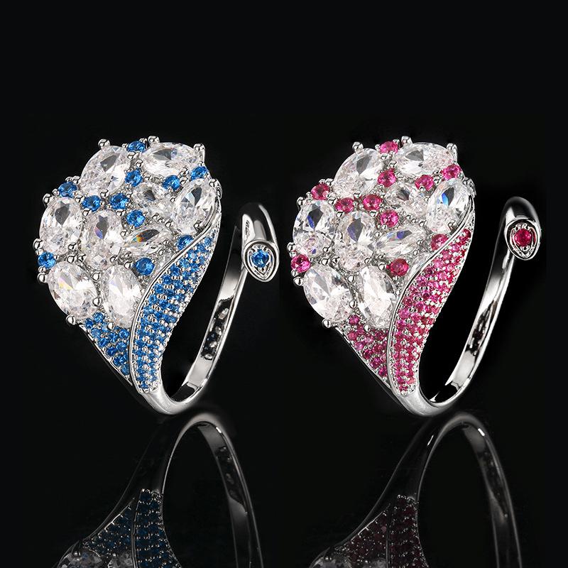 Jewelry Ring European and American High Fashion Full Diamond Sea Blue Red Treasure Inlaid Zircon Opening Women's Light Luxury