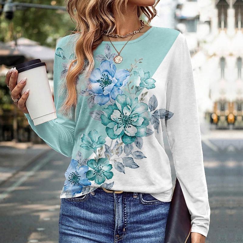 Plus Size Women Clothing Flower Pattern T-Shirts Spring Autumn Long Sleeve 3D Printing Floral Street Ladies Casual Tops