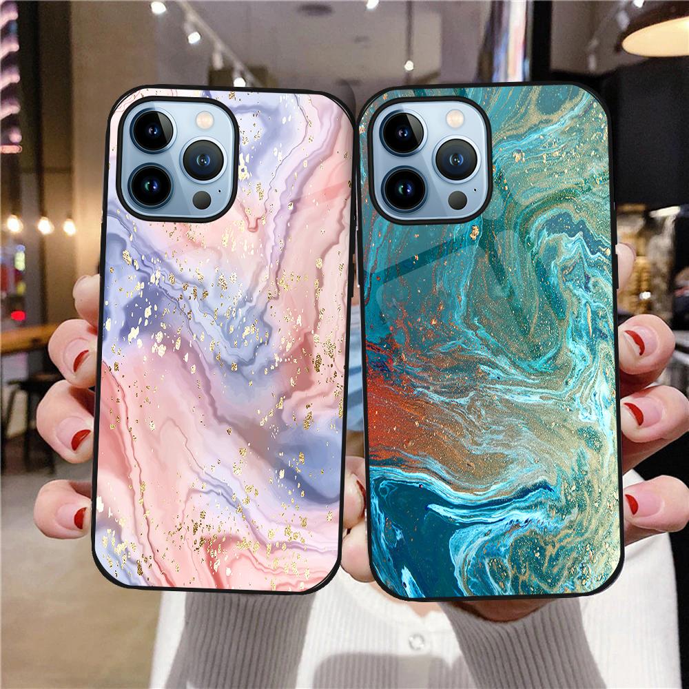 Kunst Marmor Mode Telefon Fall Für Iphone 14 13 11 12 Pro Max Mini Xs Xr X 7 8 6s Plus Se 2022 Gehärtetem Glas Abdeckung Stoßstange Fundas