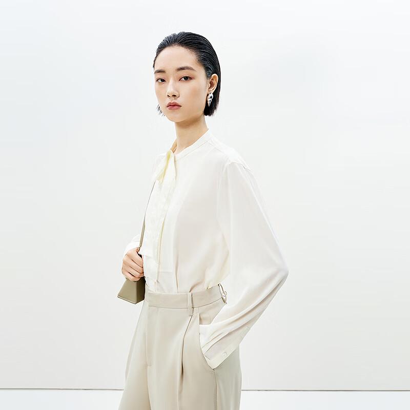LESS 2025 Spring Loose-Fit Long Sleeve Stand-Collar Silk Blend Shirt