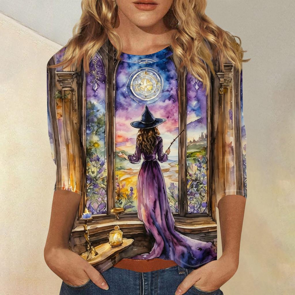 Women's Fashion Casual 3/4 Sleeve Halloween Print Neck Blouse