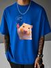 Unisex Summer Cream Short Sleeve Tee Cute Hamster Peace Hand Cartoon Graphic Print Crew Neck Loose Daily Casual Male Fashion Tops
