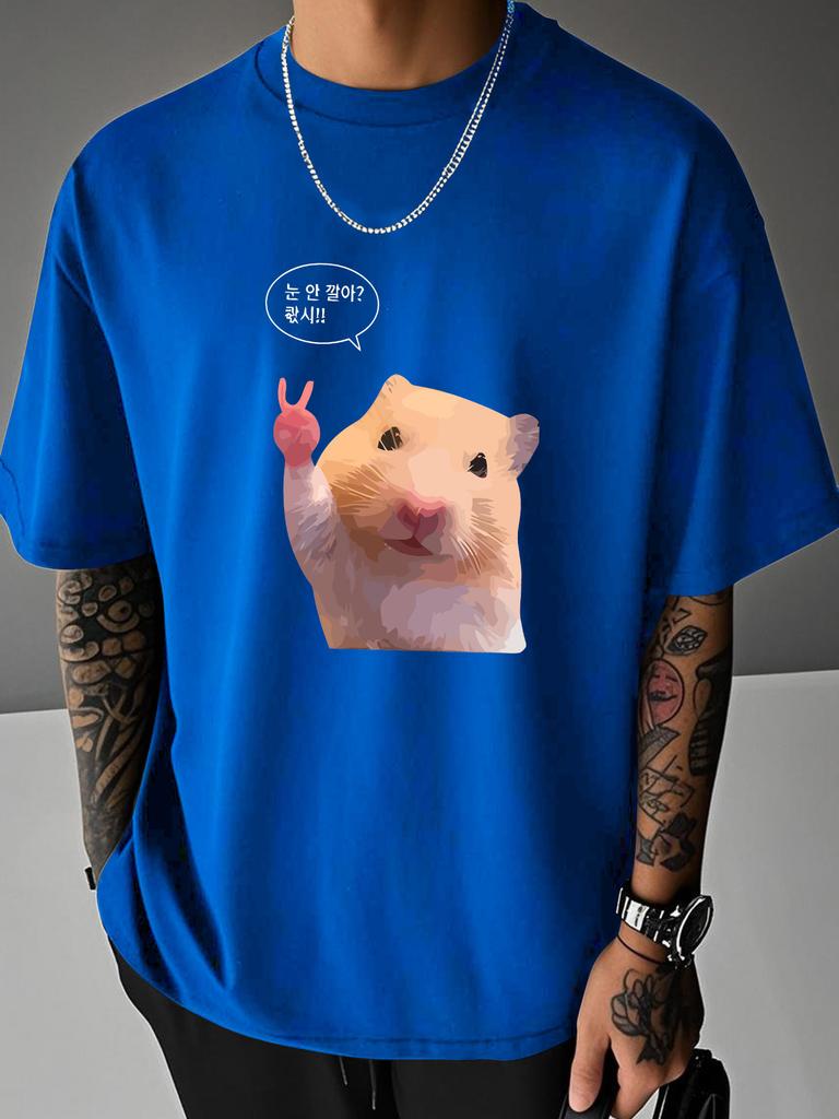 Unisex Summer Cream Short Sleeve Tee Cute Hamster Peace Hand Cartoon Graphic Print Crew Neck Loose Daily Casual Male Fashion Tops