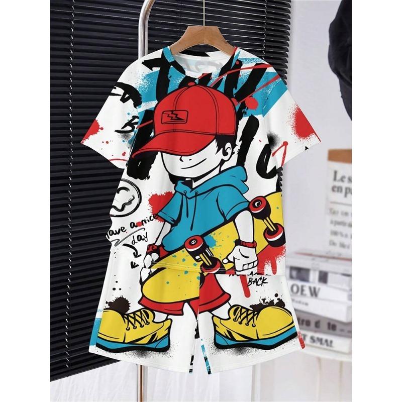 Summer Boys' New Fashionable Casual Cartoon Animal Print Two-Piece Suit Cute Style