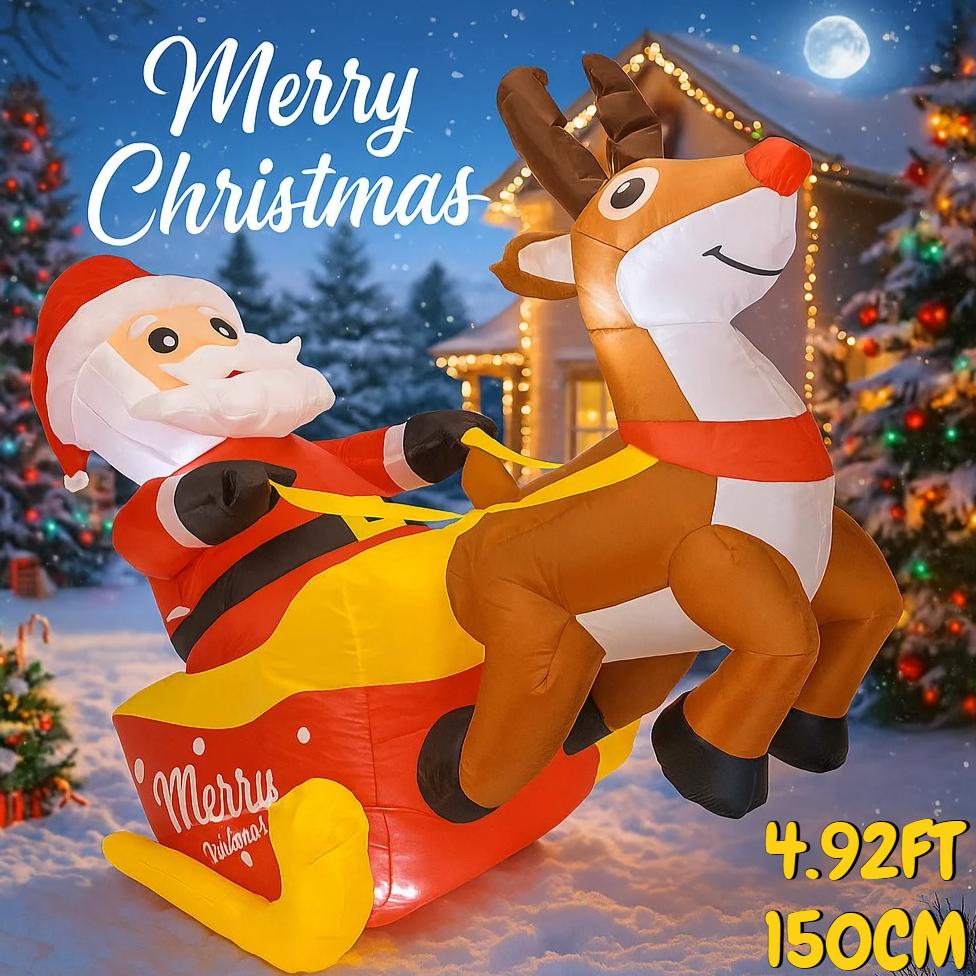 4.92FT Inflatable Toy Santa Sleigh Reindeer with LED Home Ornament Holiday Gifts Xmas Decorations for Yard Christmas Supplies