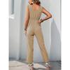 VEZFAA Women's Fashion Casual Summer Spring Solid Color Print Sleeveless V-Neck High Waist Trousers Jumpsuits & Rompers
