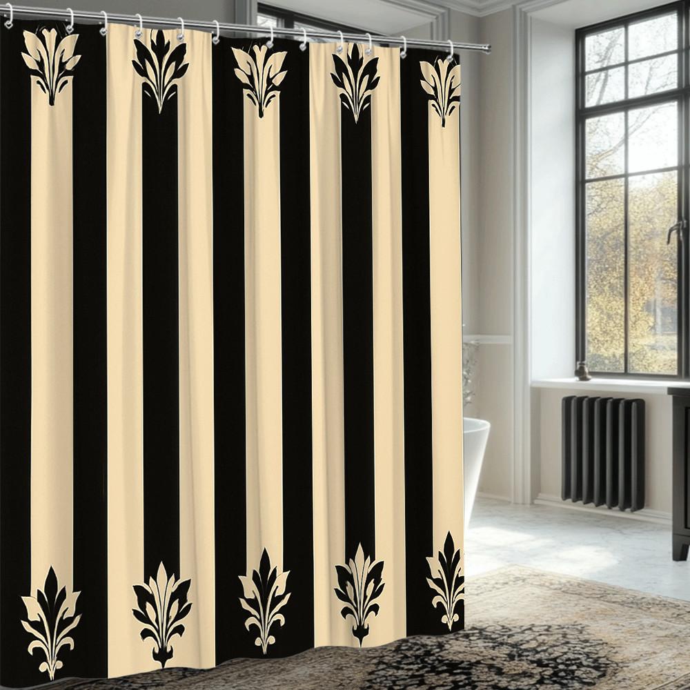 Schwarz-Creme-Streifen Duschvorhang Lilienmuster Klassisch Elegant Dekor Modernes Badezimmer Design Wasserdicht Ungiftig