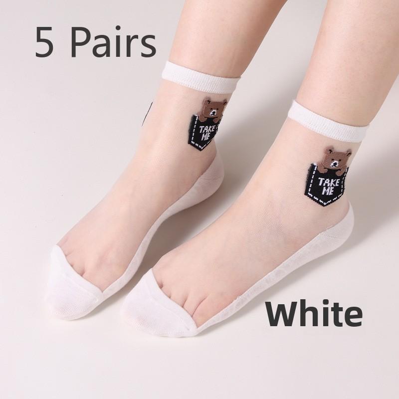 

5 Pairs Spring and Summer Fashion Bear Breathable Crystal Wire Cooling Glass Wire Women s Mid-tube Socks 5 Pairs белый