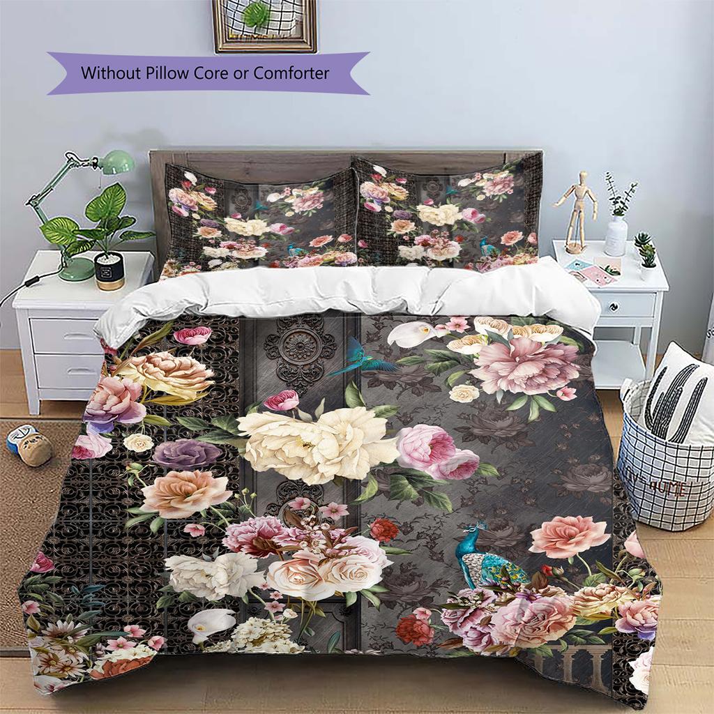 Vintage Floral Bird Pattern Bedding Quilt Set Quilt Cover Pillowcase Home Decoration Gift (1 * duvet cover + 2 * pillowcase, without core)