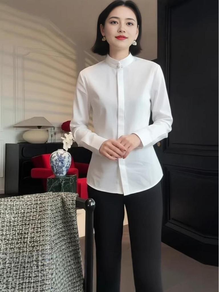 2026 Spring Women's Stand Collar White Shirt - Elegant, High-End Chinese Style Top