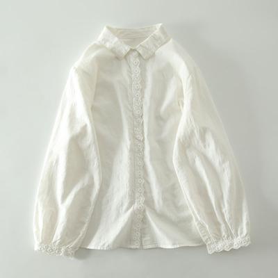 Long,sleeved Shirt With Lace Trim Placket, Made Of Cotton Fabric