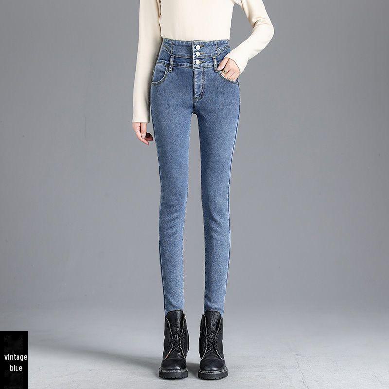 "2024 Women's High Waist Slim Fit Elastic Jeans - Versatile Plus Velvet Pencil Pants for Autumn/Winter"