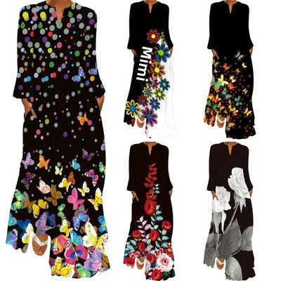 2024 Spring/Summer Women's V-Neck Long Sleeve Pocket Print Loose Dress