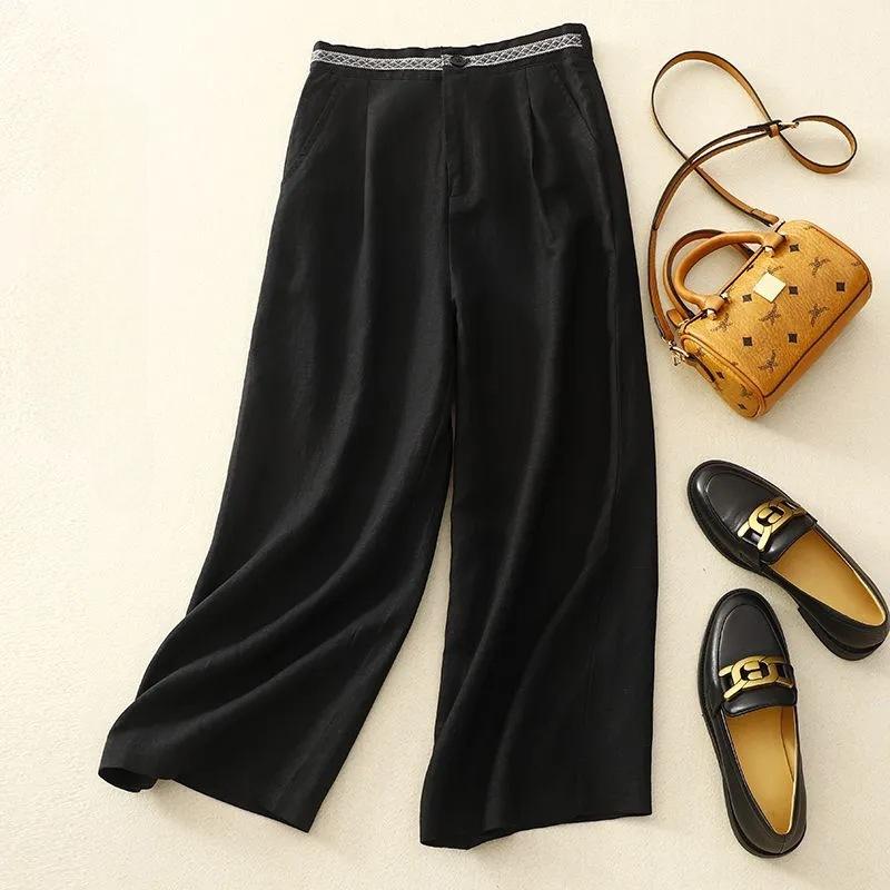 

Весна Лето Ретро Вышитые Хлопково-Льняные Брюки с Широкими Штанинами Женские Свободные Большого Размера Брюки M чёрный