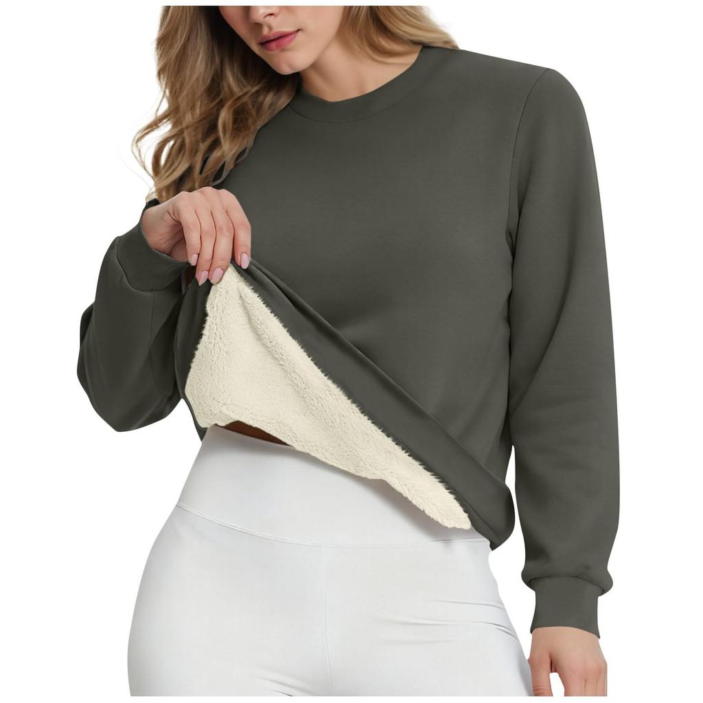 Women's Casual Fashion RoundNeck Pullover Top Winter Solid Color Plush Sweatshirt