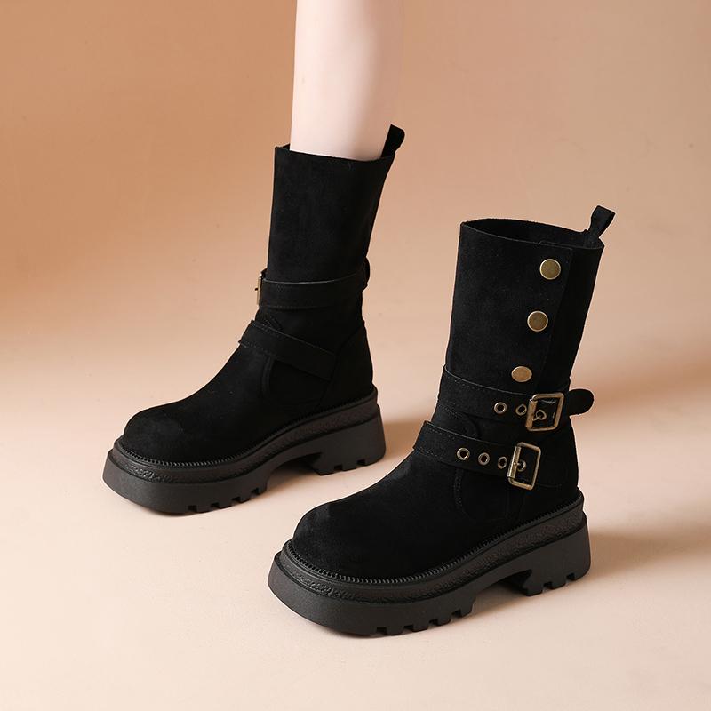 Modne Uniwersalne Dwuczęściowe Skórzane Buty na Platformie Podwyższające, Retro Sznurowane Buty Kowbojskie z Klamrą, Krótkie Buty Motocyklowe