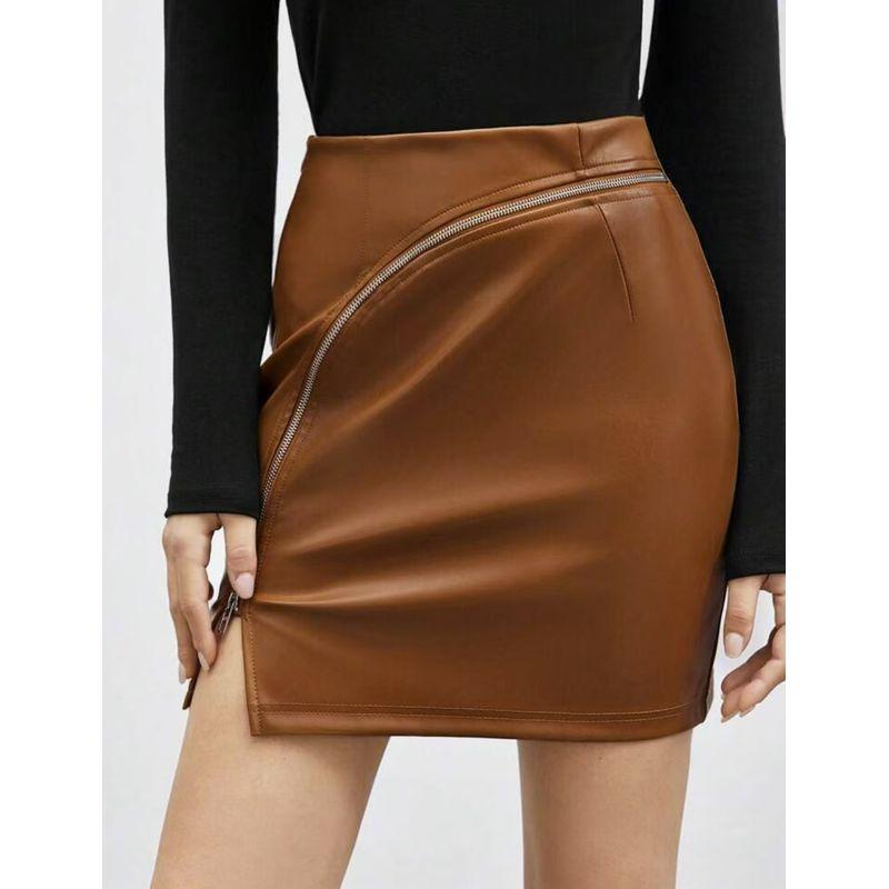 

Western Style New Versitile Fashion High Waist Irregular PU Leather Skirt High Waisted Pu Skirt CAMEL XL