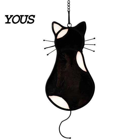 Cat Back Shape Decoration Acrylic Pendant, with Metal Hanging Chain, Stained Glass Effect Silhouette Window Pendant Decoration, for