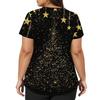 Women's Christmas Print V-Neck Short Sleeve Top with Double Pockets and Side Slits