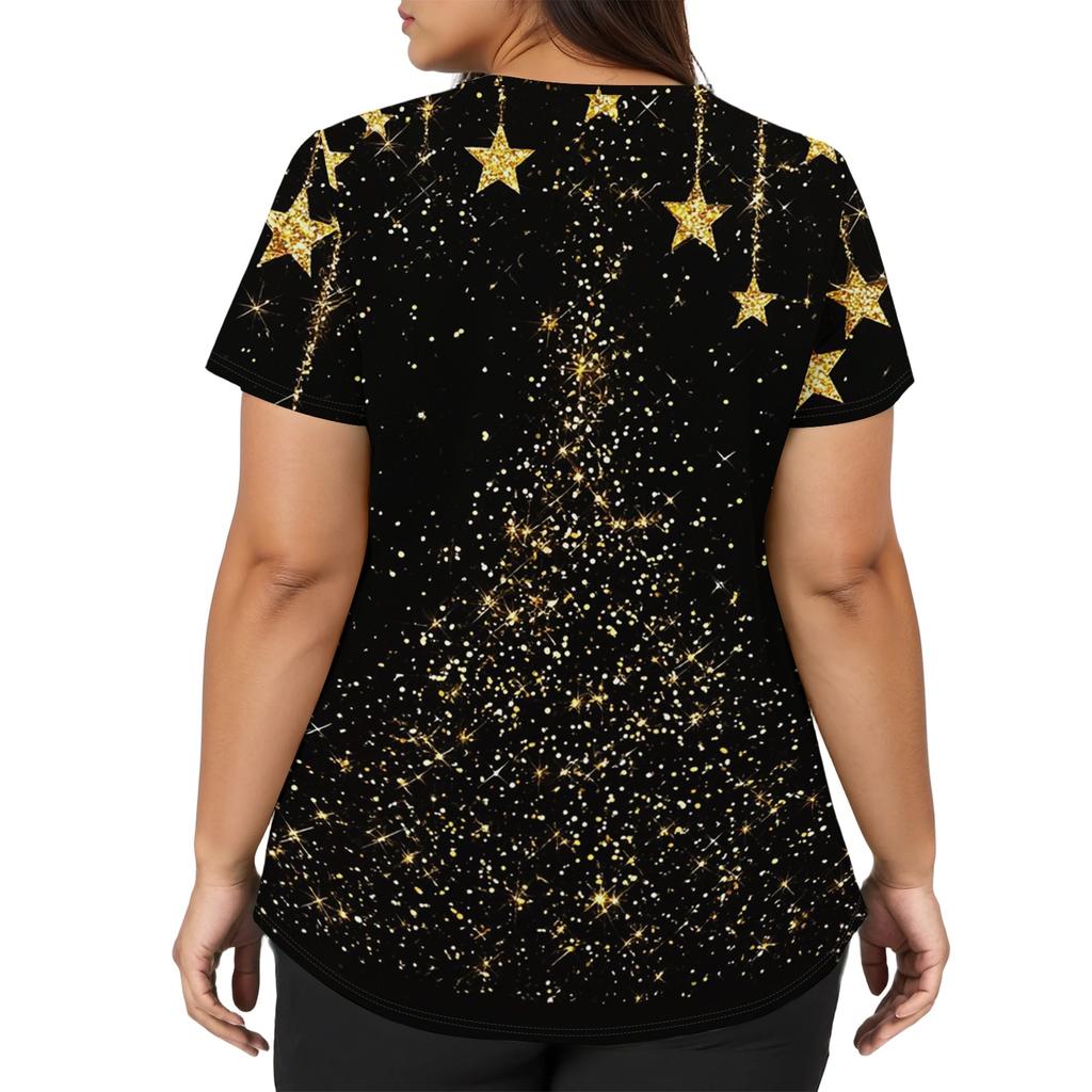 Women's Christmas Print V-Neck Short Sleeve Top with Double Pockets and Side Slits