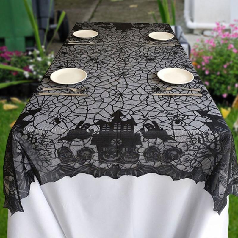 Scary Halloween Table Cover, 53x69inch Rectangles Festival Black Lace Tablecloth Decoration for Festives Occasion