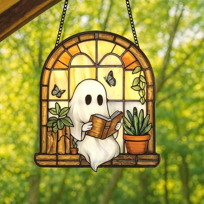 Halloween Leitura Fantasma Apanhador de Sol Decoração Pendurada Gato Preto Vitral 2D Plano