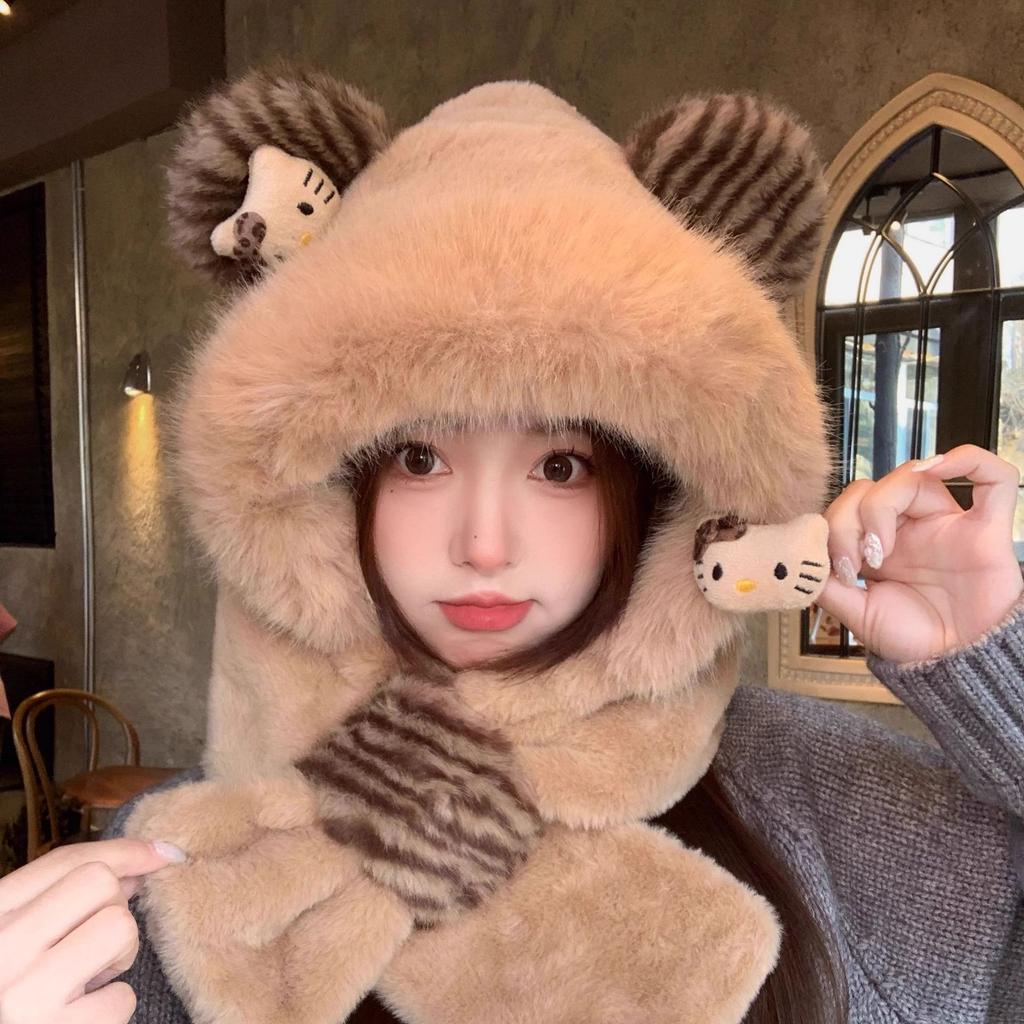 Cute cartoon bear plush hat scarf integrated women's autumn and winter thickened cold-proof ear protection scarf hooded