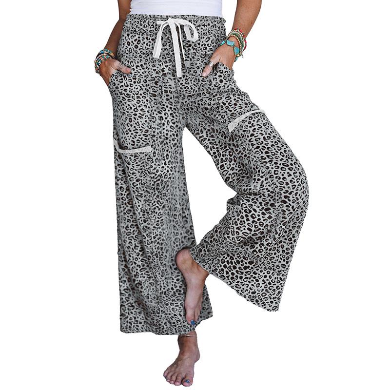 Spring 2026 Women s Leopard Print High-Waisted Wide-Leg Multi-Pocket Pants - European & American Design Small