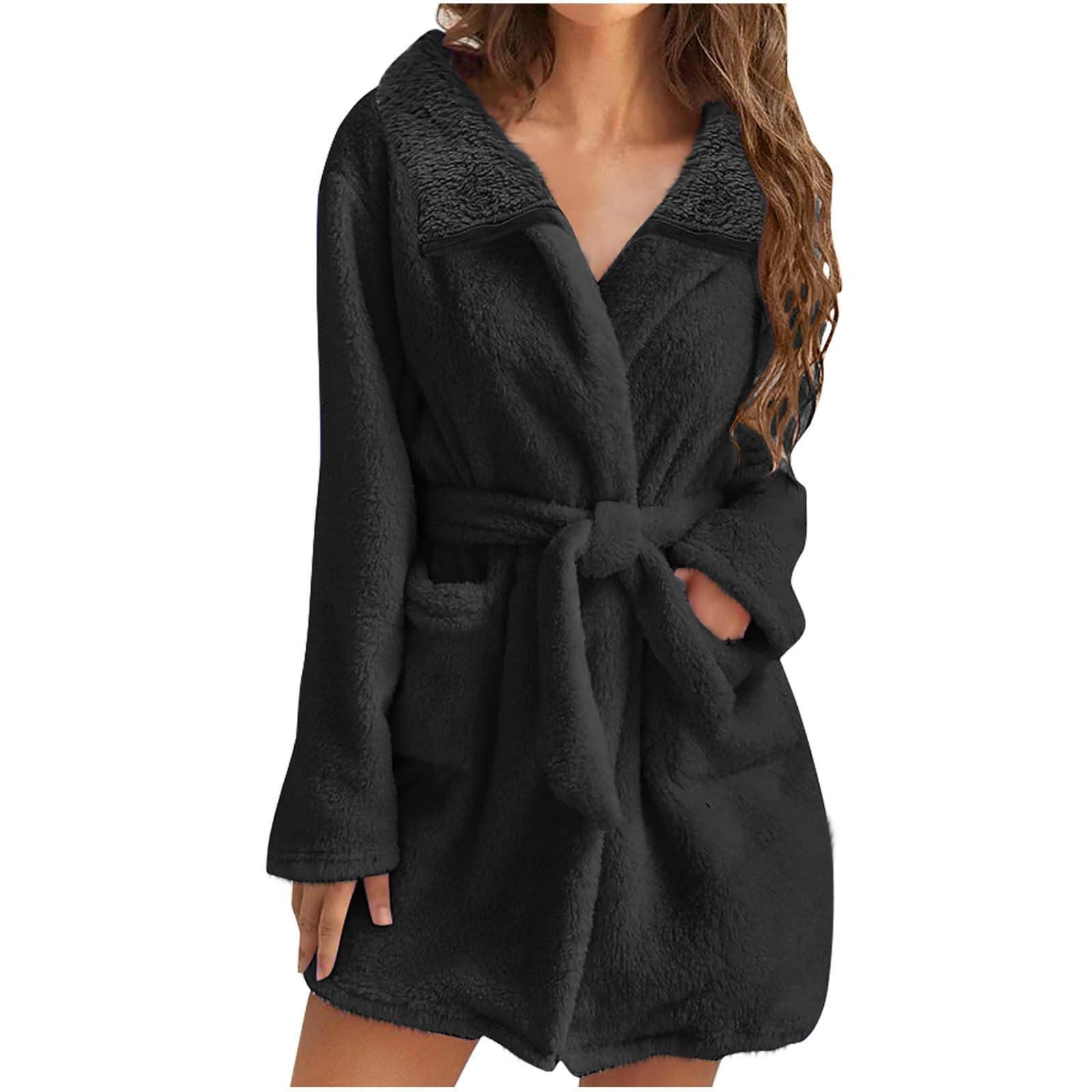

Women s Medium Long Plush Solid Color Nightgown With A Lapel, Soft And Warm Bathrobe, And Waist Belt S чёрный