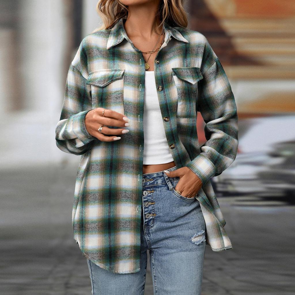 Dámská ležérní móda volná kostkovaná košile s kapsou topy s dlouhým rukávem