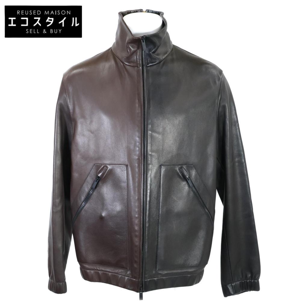 FENDI FPG185 bi-color zip-up lamb leather Jacket 48 Black x brownUsed