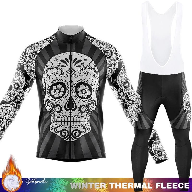 Men's Cycling Pants Fleece Jersey Skull Sets Long Sleeve Thermal Shirt Mens Clothes Clothing Winter Man Outfit Suit Termal Retro