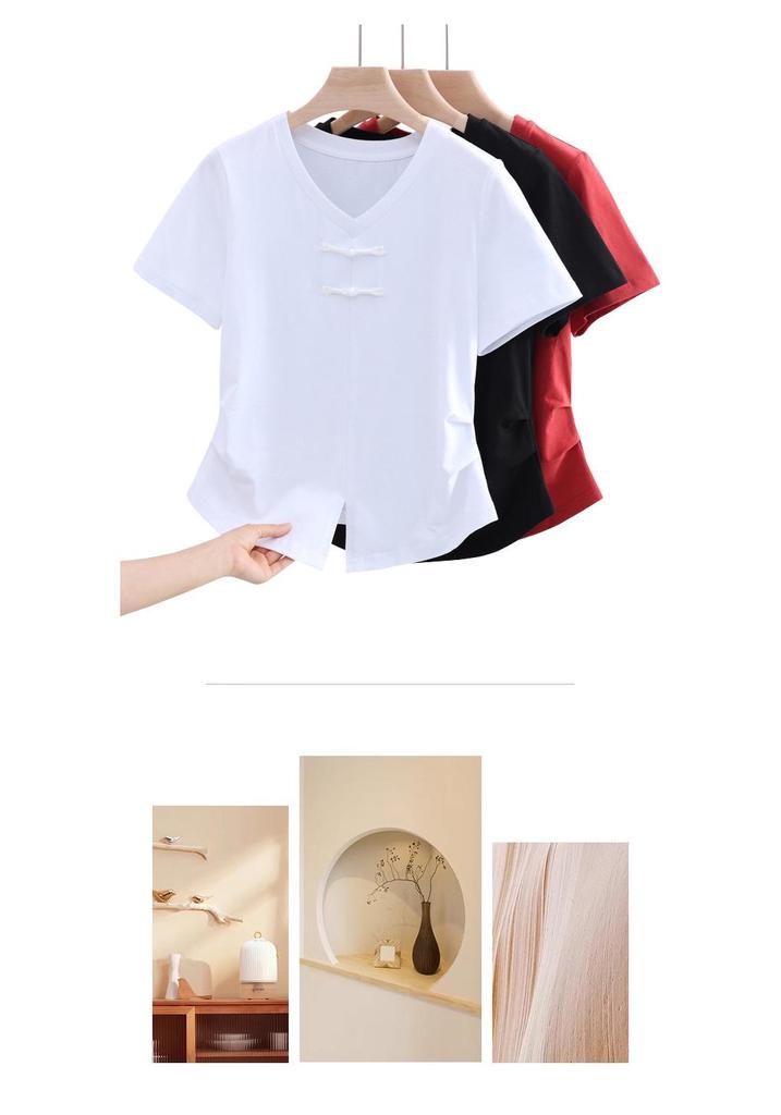 2026 Summer Women's Loose V-Neck Cotton T-shirt with Frog Button - Solid Color, Chinese Style
