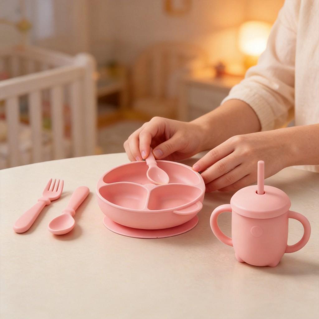 Baby Silicone Feeding Set With Suction Bowl And Learning Utensils For Toddler Nutrition