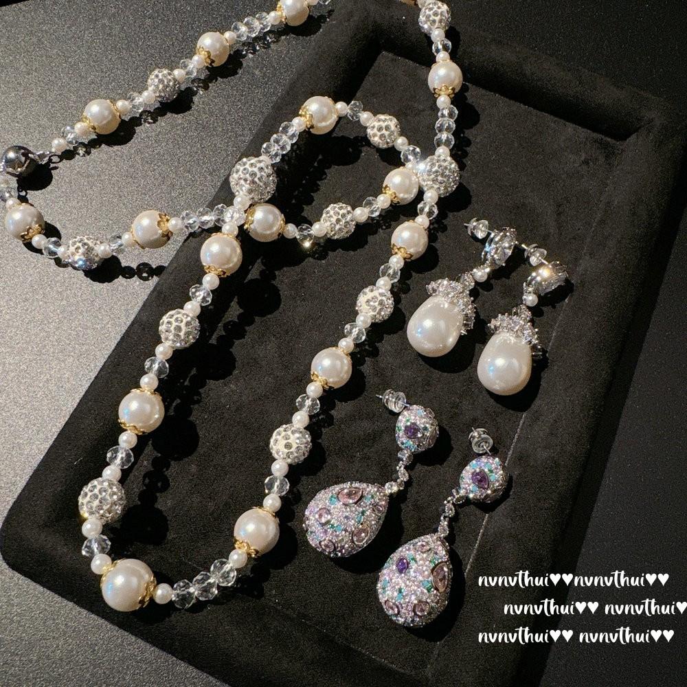 Mermaid Tears, Sunset Water Drop Diamond Ball Crystal Pearl Necklace, Fairy Water Drop Zircon Earrings.