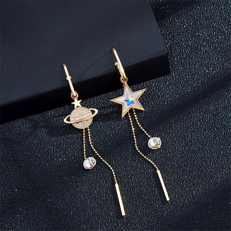 Nouvelles Boucles d'Oreilles Longues Asymétriques à Franges Pentagramme pour Femmes Exquises Boucles d'Oreilles Planète Strass Bijoux de Mariage Fête
