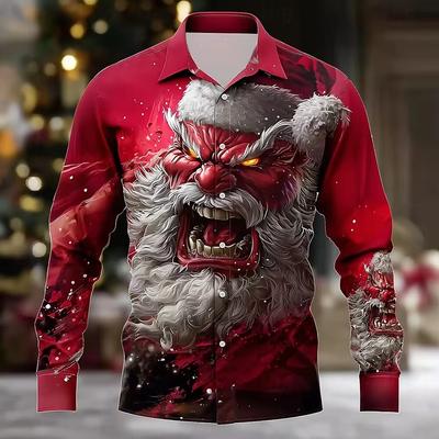 Festive Santa Essential Men's Quality 3D Print Lapel Shirt Long Sleeve Button-Up Autumn Holiday Christmas Wear