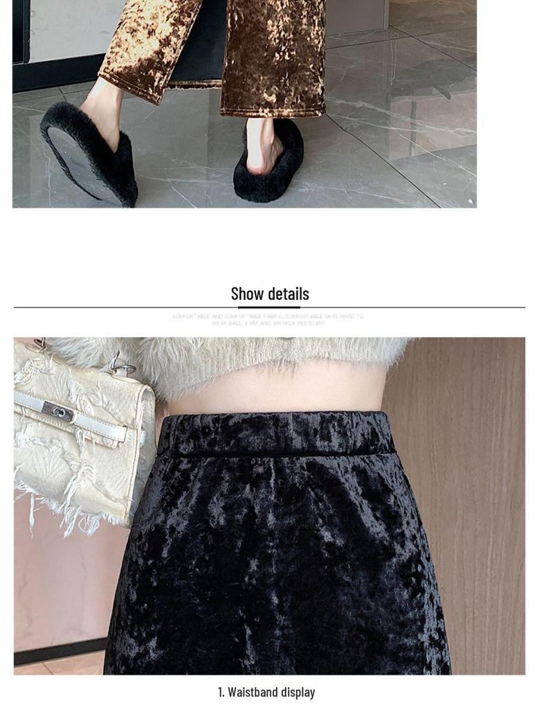 2025 Retro Gold Velvet Midi Skirt: Thickened, Slim, Mid-Length Slit for Autumn/Winter, Perfect for Halloween