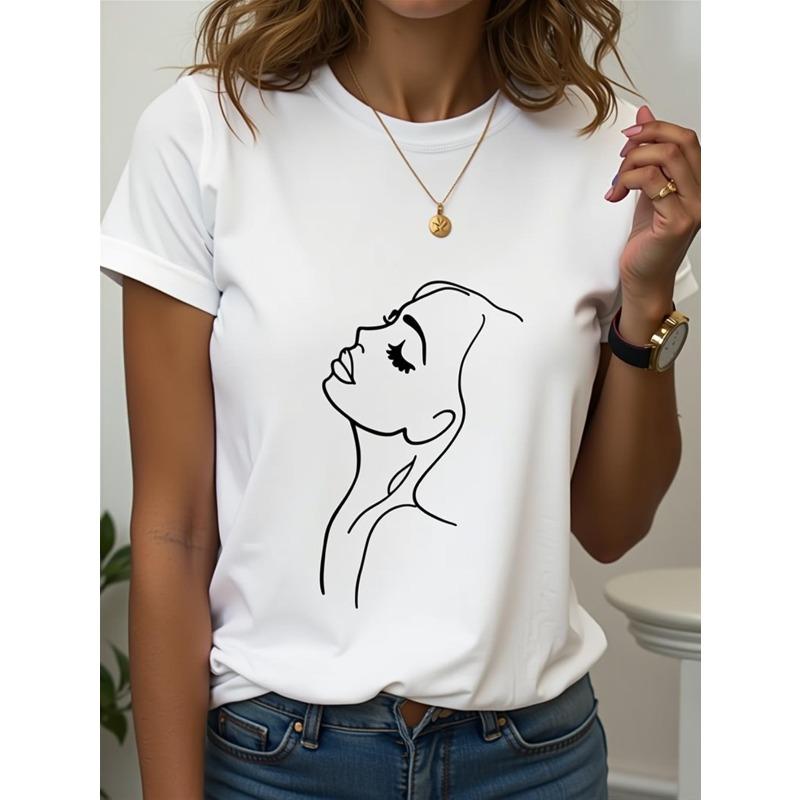 

European Size Women s T-shirt with line drawing and female pattern print, white short sleeved T-shirt, casual round neck 4XL білий